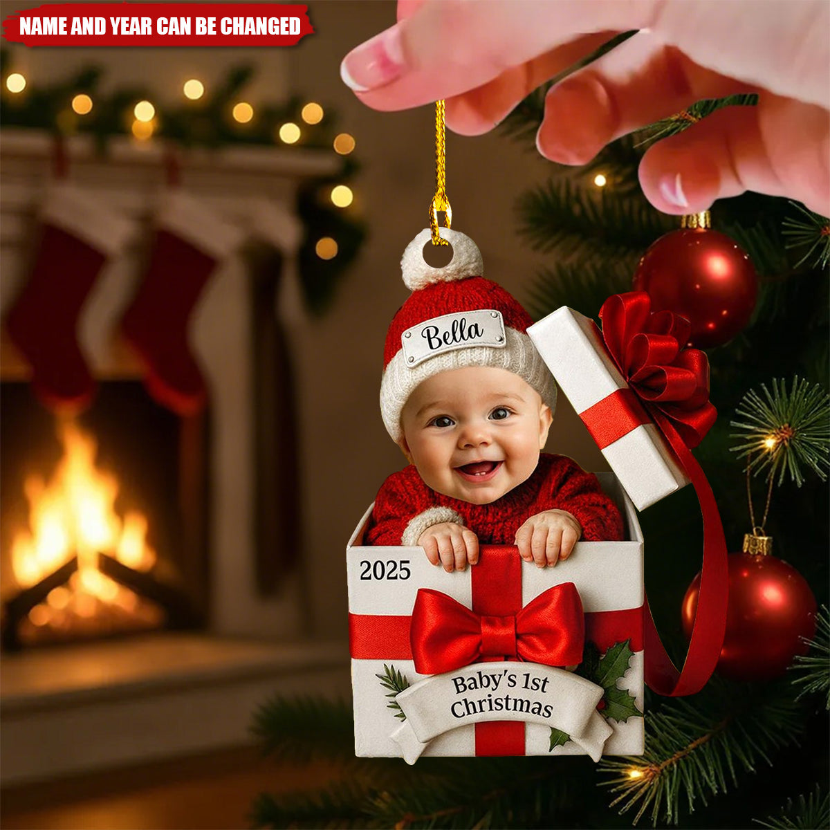 Baby’s First Christmas Gift Box Ornament - Custom Name & Year