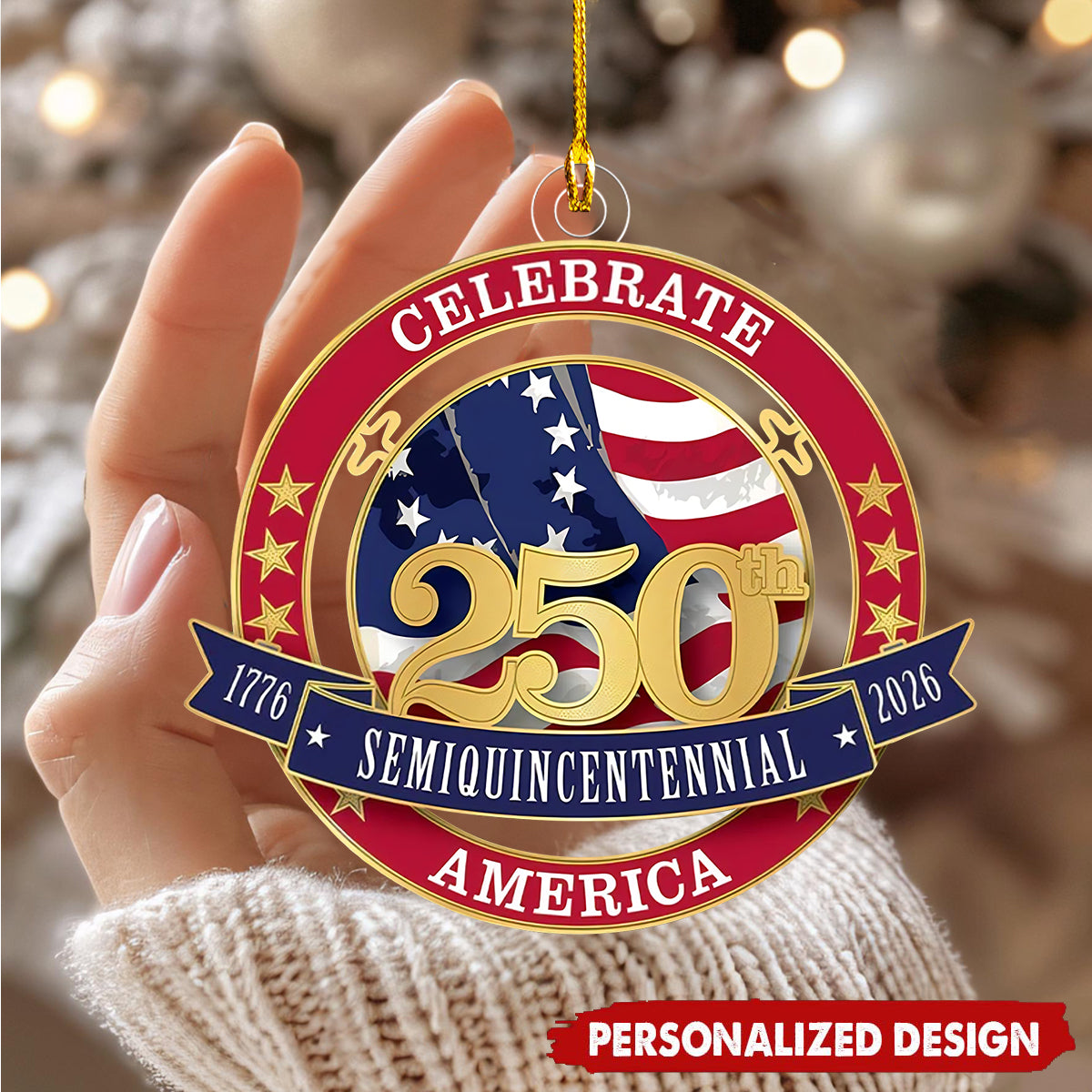 1776-2026 America 250th Semiquincentennial Flag Ornament - Custom Name