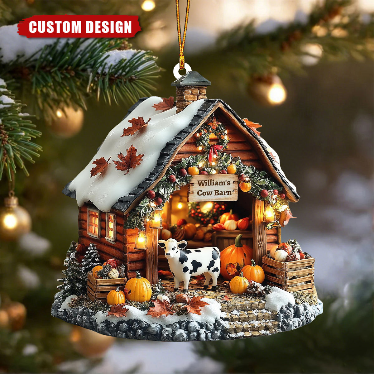 Personalized Cow Barn Christmas Ornament – Custom Farmhouse Holiday Decoration