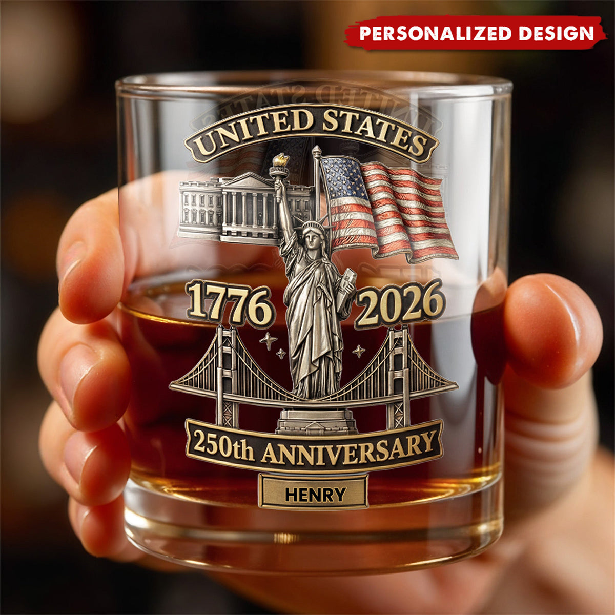 Personalized US 250th Anniversary Whiskey Glass – Gift For Patriots and History Lovers