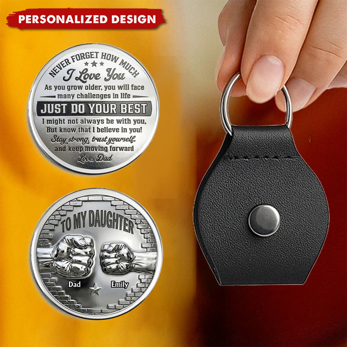 Personalized Stainless Steel Fist Bump Coin with Leather Keychain - Gift for Grandson, Son