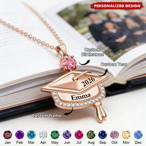 Personalized Graduation Cap Necklace - Custom Name, Year & Birthstone Keepsake