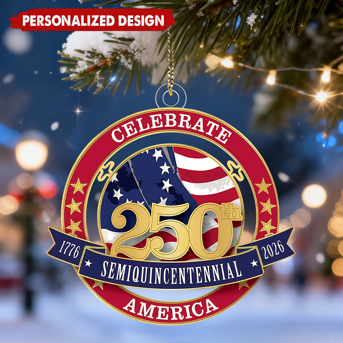1776-2026 America 250th Semiquincentennial Flag Ornament - Custom Name