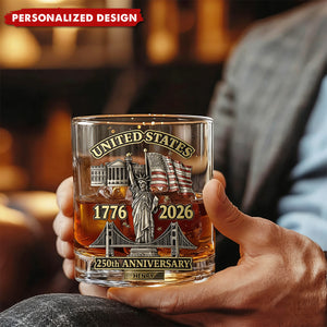 Personalized US 250th Anniversary Whiskey Glass – Gift For Patriots and History Lovers