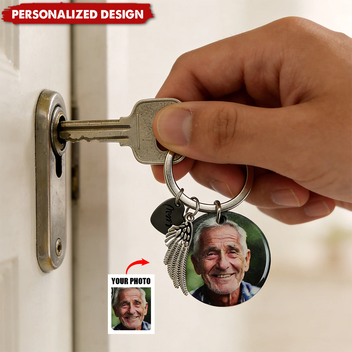 Personalized Memorial Photo Keychain – Angel Wing Remembrance Gift