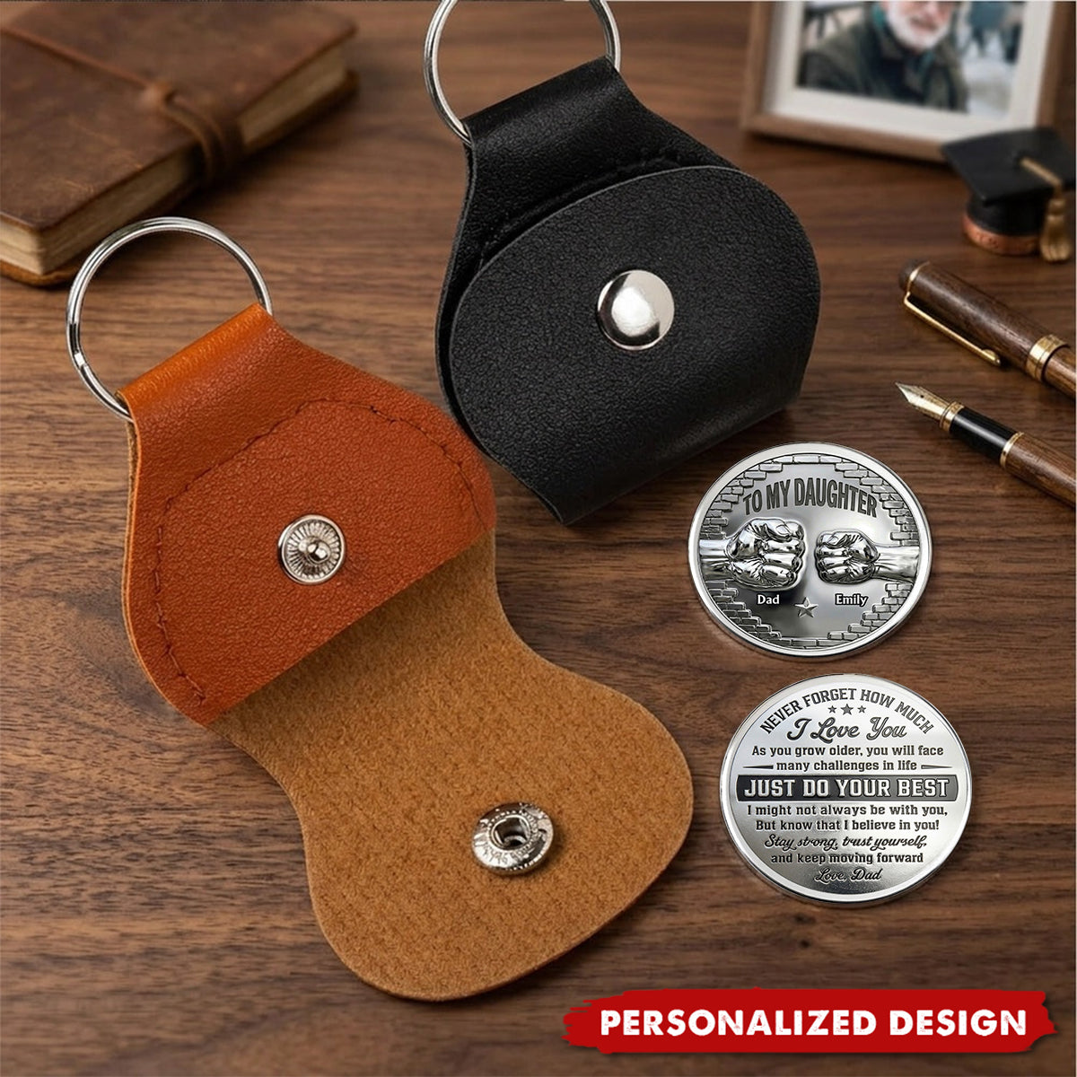 Personalized Stainless Steel Fist Bump Coin with Leather Keychain - Gift for Grandson, Son