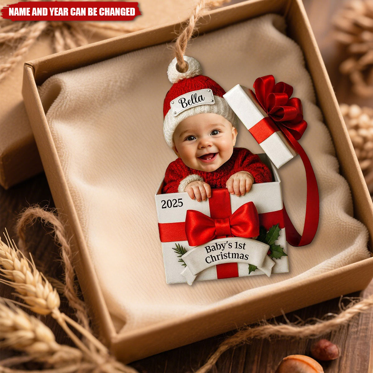 Baby’s First Christmas Gift Box Ornament - Custom Name & Year