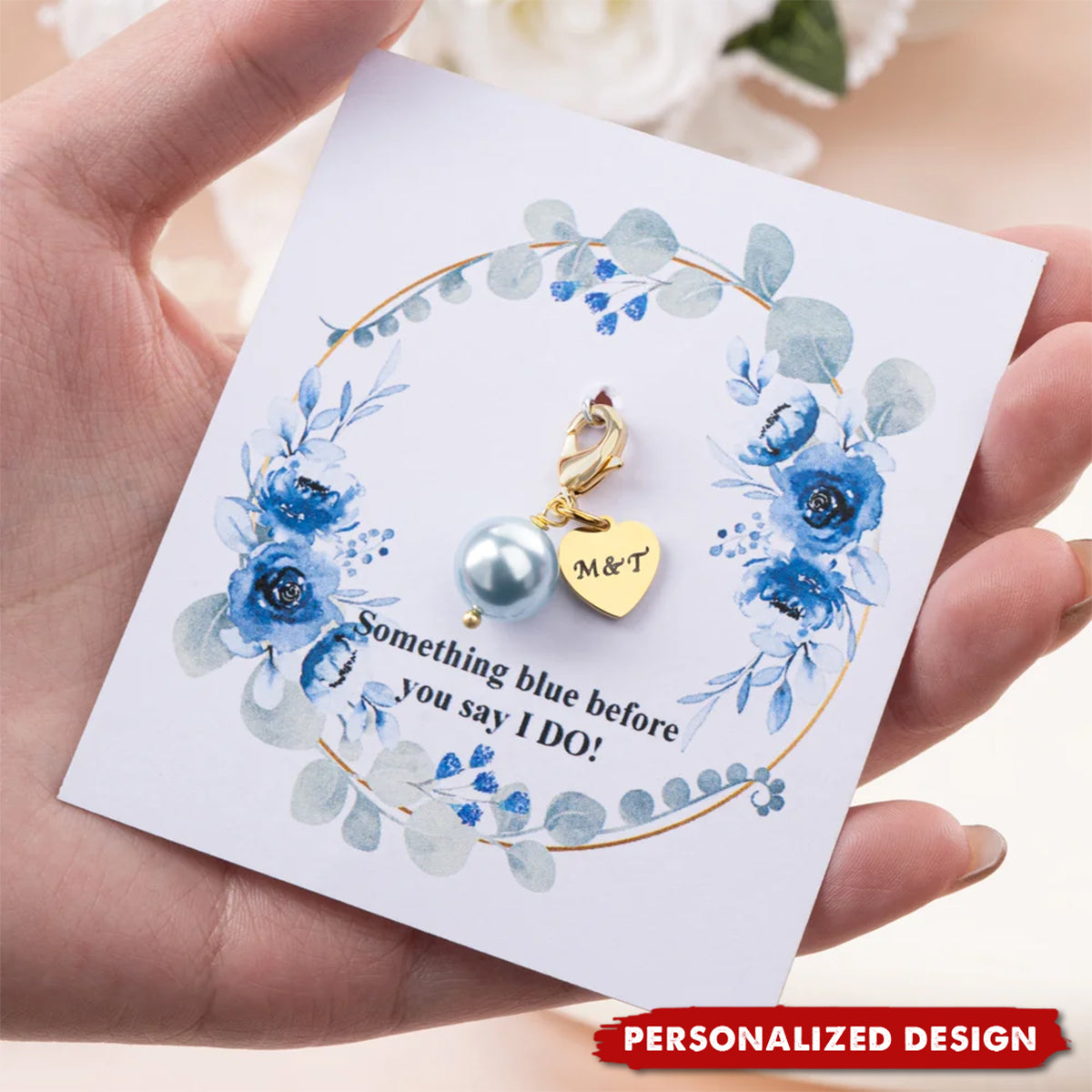 Personalized Blue Pearl Heart Charm Bouquet Clip - Perfect Wedding Gift