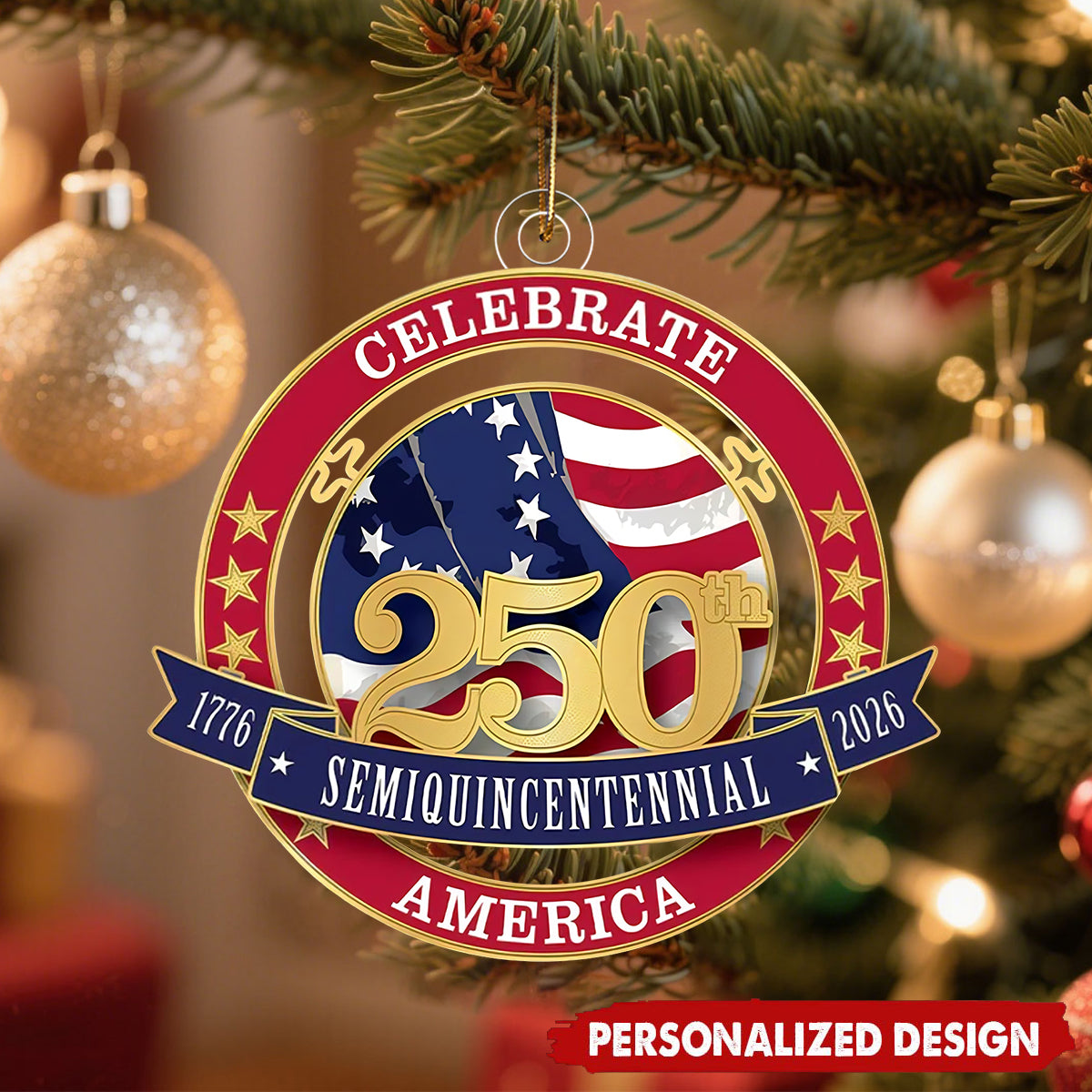 1776-2026 America 250th Semiquincentennial Flag Ornament - Custom Name