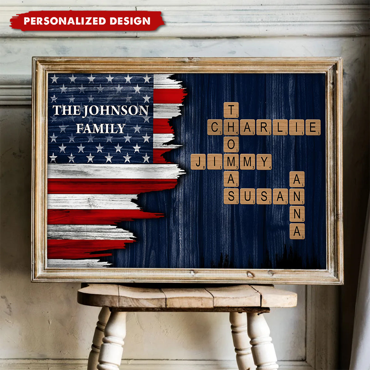 Personalized American Flag Family Scrabble Poster — Gift For Patriotic Families