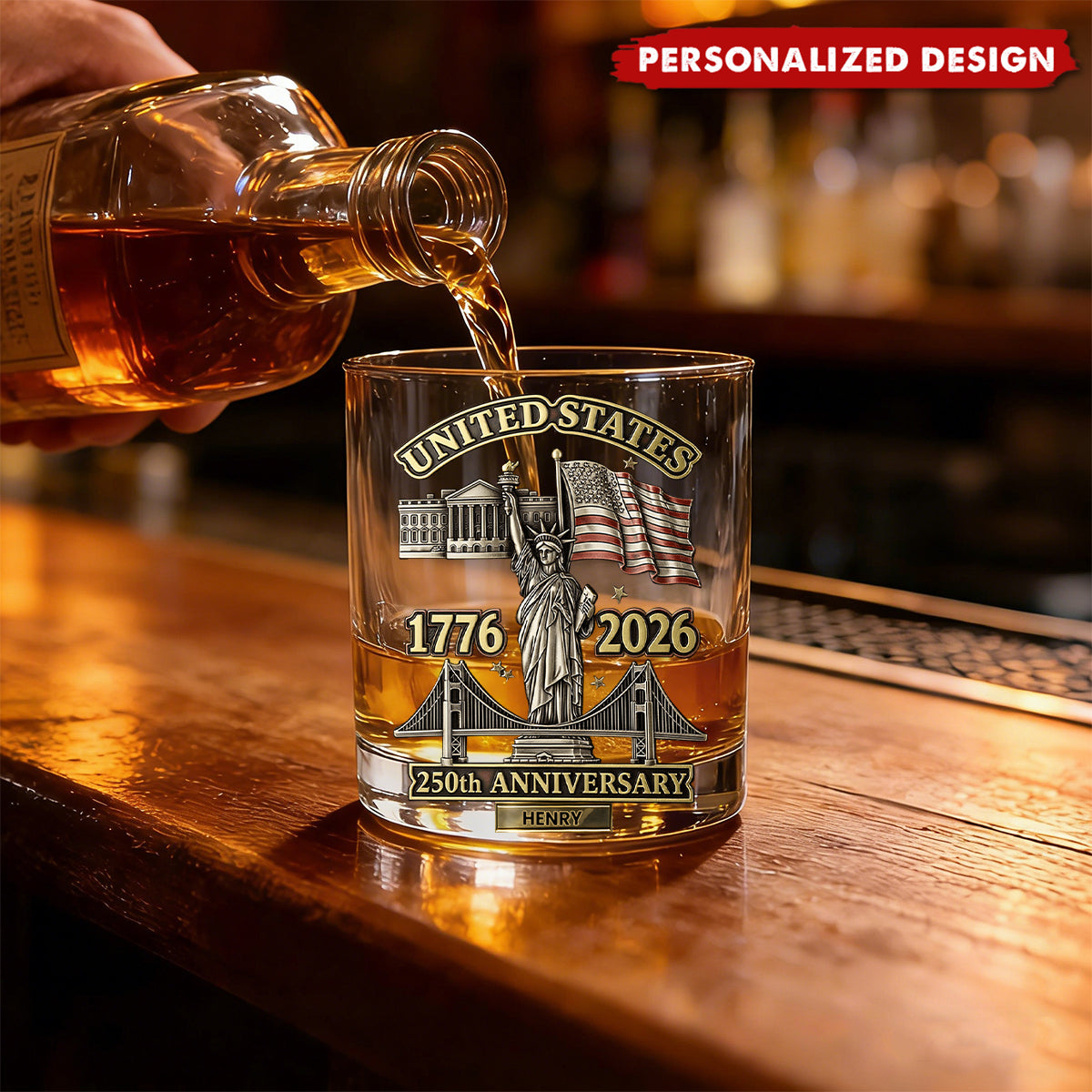 Personalized US 250th Anniversary Whiskey Glass – Gift For Patriots and History Lovers