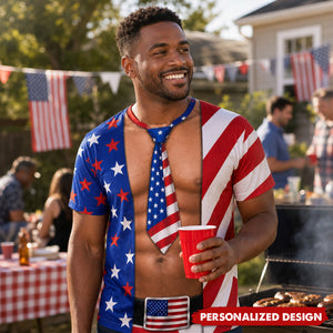 Personalized Optical Illusion Men’s Open Flag Shirt Tie Belt & Women’s Bikini Print Patriotic T-Shirt
