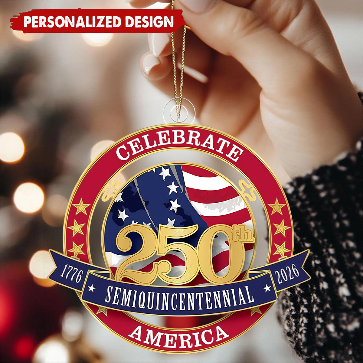 1776-2026 America 250th Semiquincentennial Flag Ornament - Custom Name