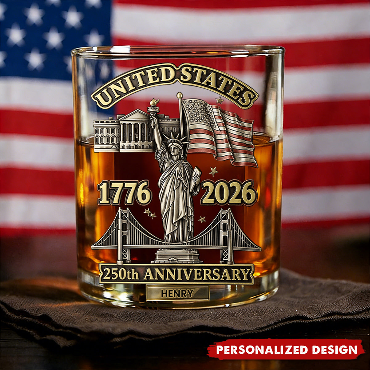Personalized US 250th Anniversary Whiskey Glass – Gift For Patriots and History Lovers