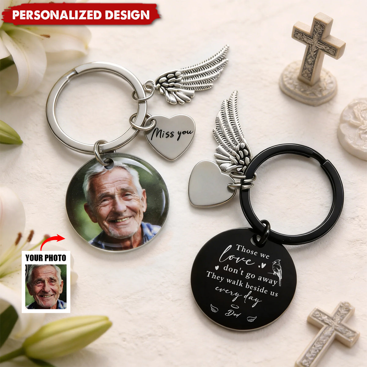 Personalized Memorial Photo Keychain – Angel Wing Remembrance Gift