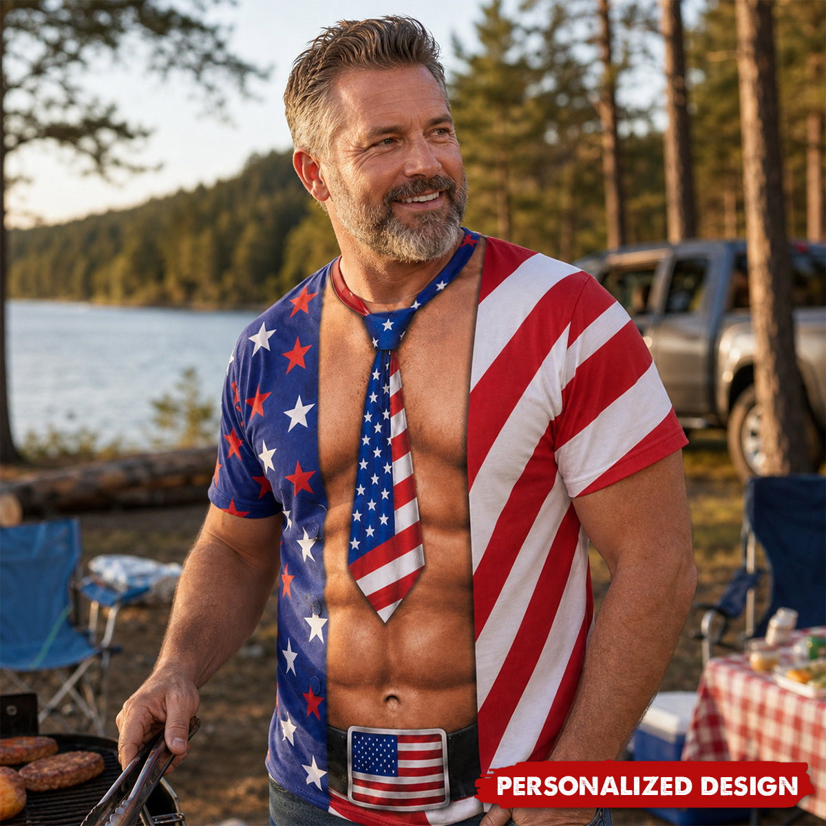 Personalized Optical Illusion Men’s Open Flag Shirt Tie Belt & Women’s Bikini Print Patriotic T-Shirt
