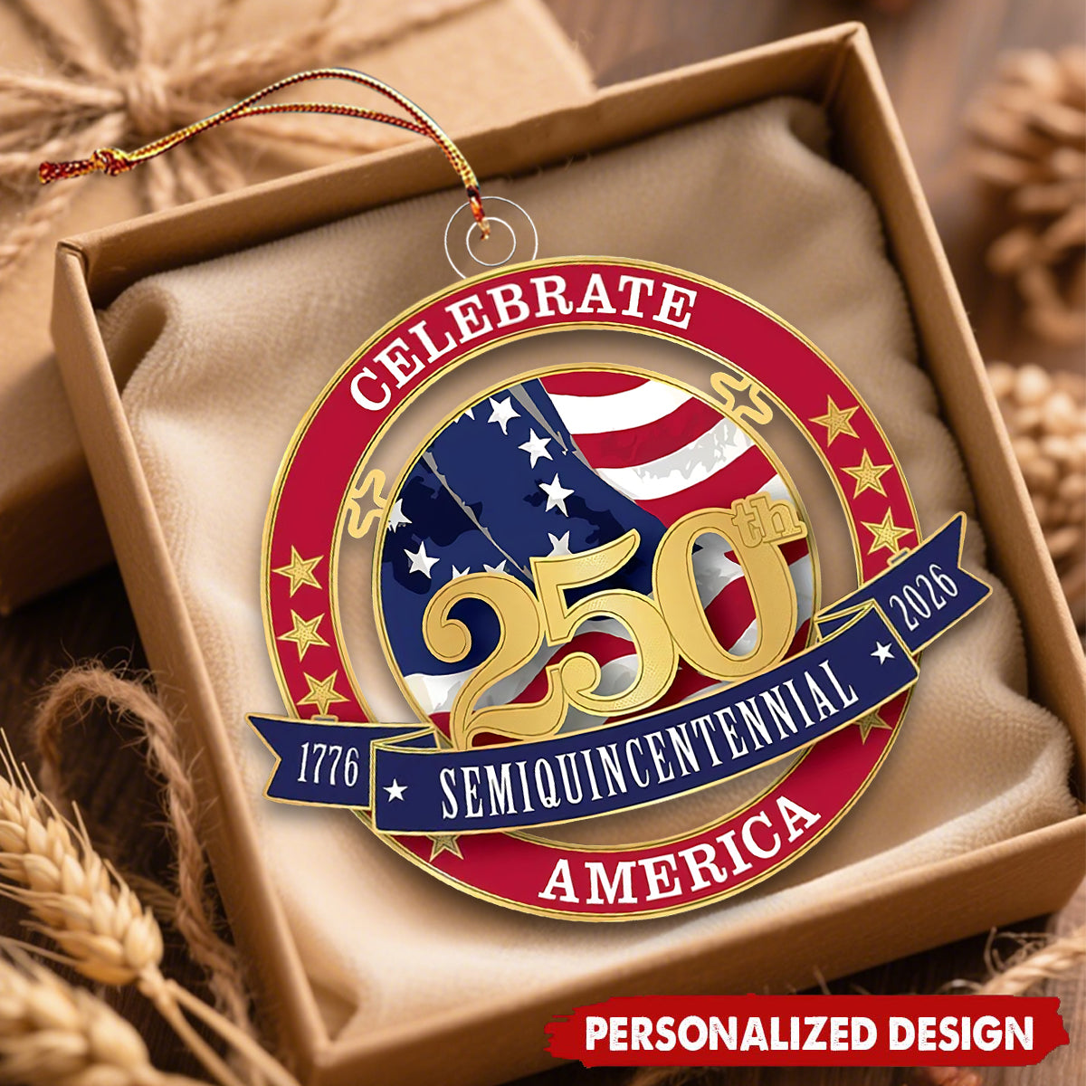 1776-2026 America 250th Semiquincentennial Flag Ornament - Custom Name