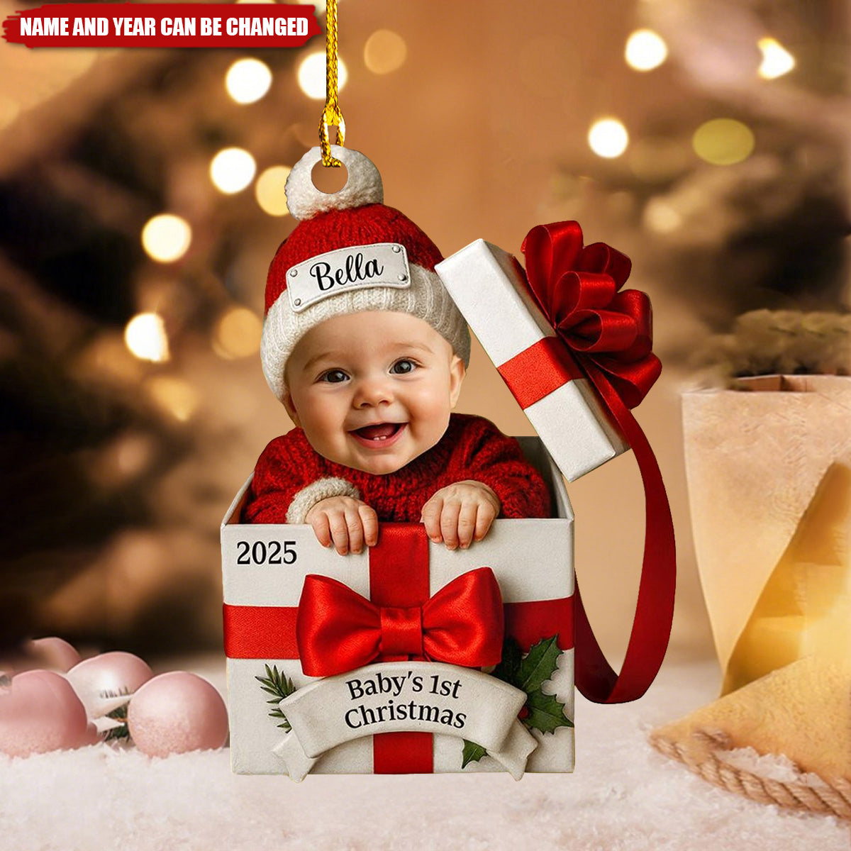 Baby’s First Christmas Gift Box Ornament - Custom Name & Year