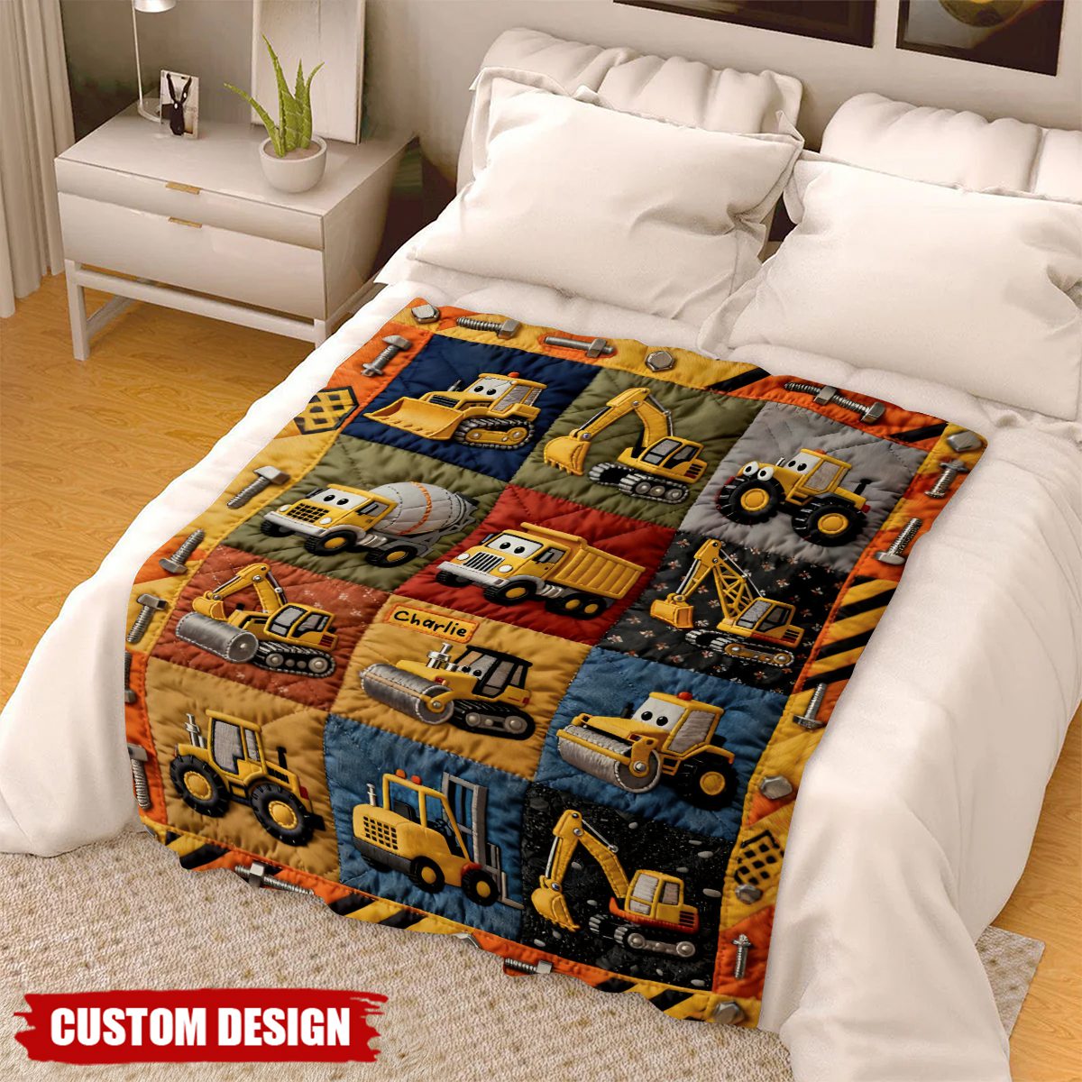 Custom Construction Truck Quilt Blanket – Personalized Name Kids’ Bedding