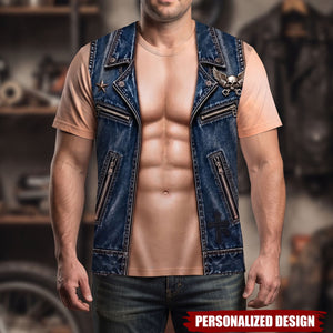 Personalized Punk Biker Optical Illusion Denim Sleeveless Vest Graphic Unisex T-Shirt