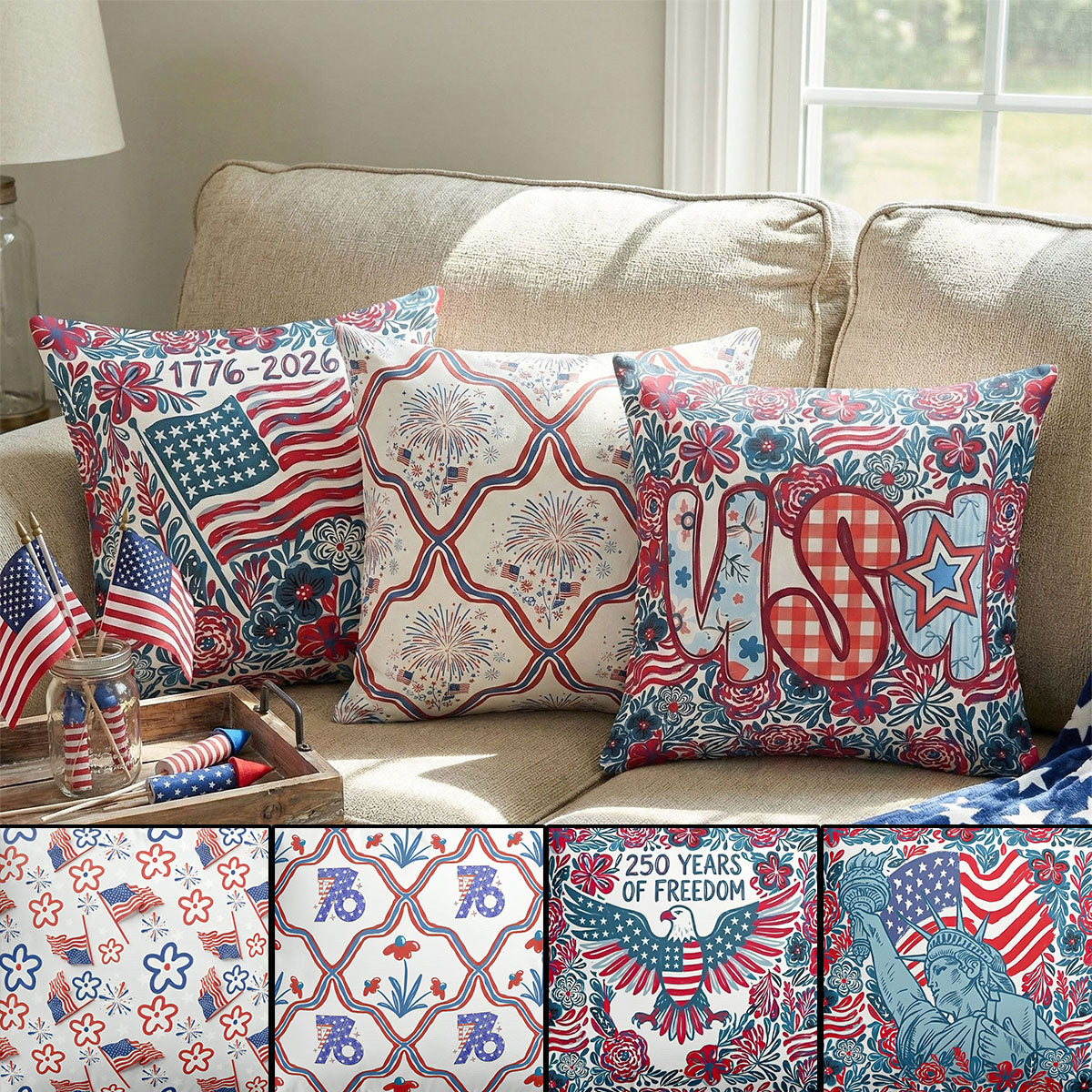 USA 250th Anniversary Floral American Flag Pillow - Perfect for Patriots