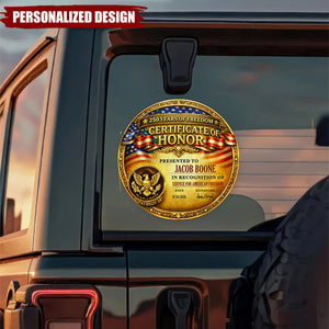 Personalized Patriotic Certificate of Honor Decal Sticker – 250 Years of Freedom Custom Name Car Decal