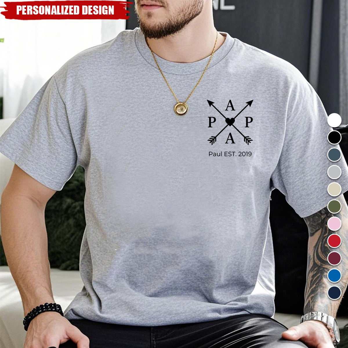 Personalized “PAPA” Arrow Heart Print T‑Shirt - Custom Dad Established Year Gift