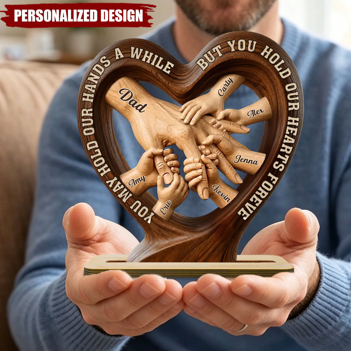 Personalized Father’s Day Dad Heart Plaque,-Custom Kids Names Hand-in-Hand