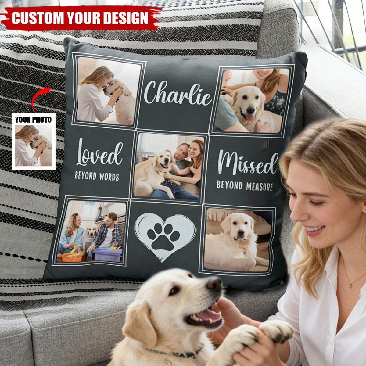 Custom Pet Memorial Photo Pillow – Personalized Dog/Cat Name & Photo Collage Pillow