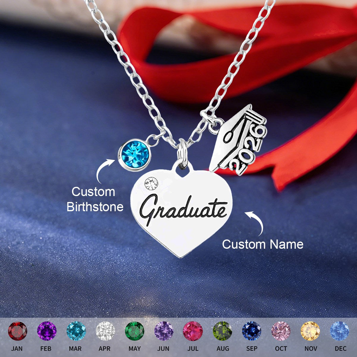Personalized Graduation Heart Necklace - Class of 2026 Gift for Graduate