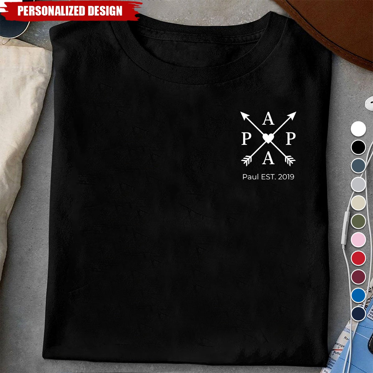 Personalized “PAPA” Arrow Heart Print T‑Shirt - Custom Dad Established Year Gift