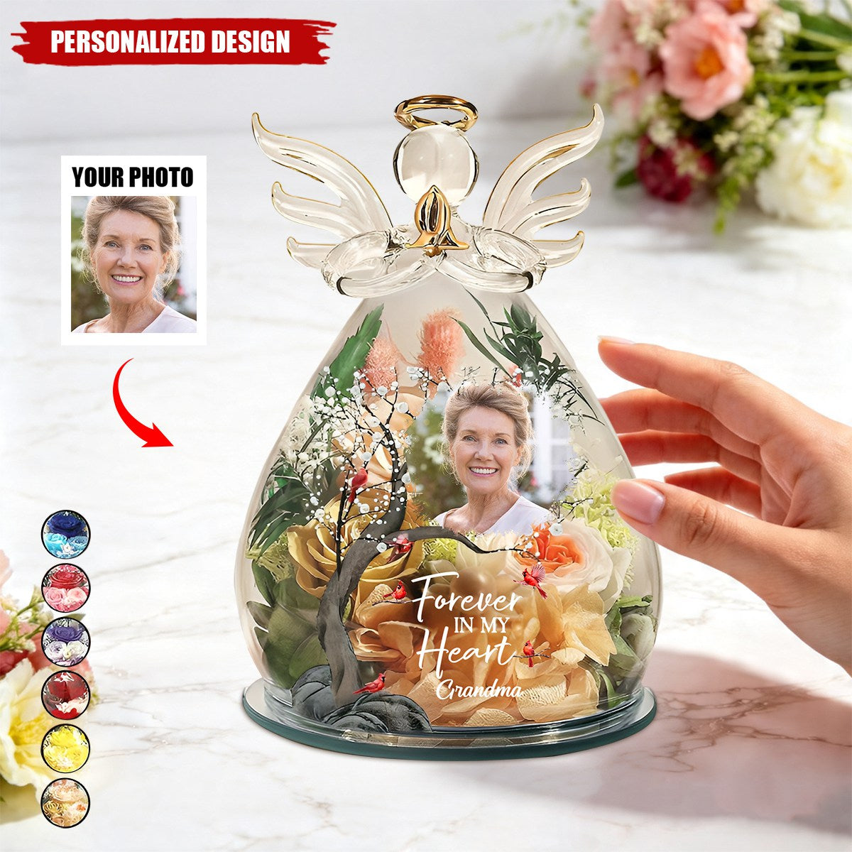 Personalized Flower In Glass Angel Figurine - Custom Photo Memorial Gift