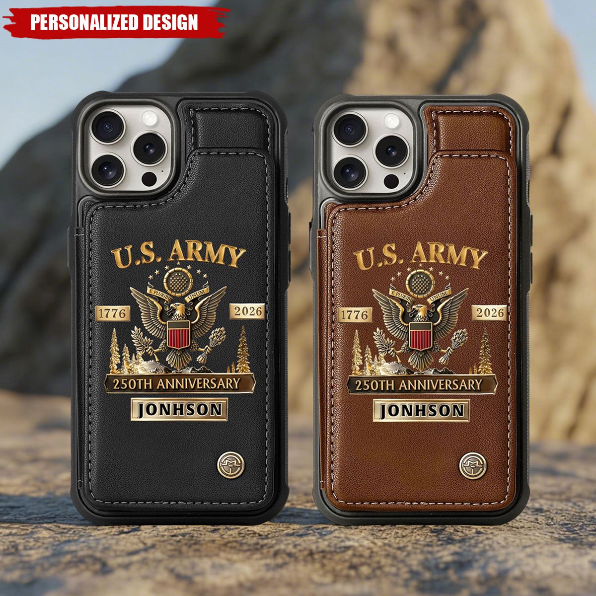 Personalized U.S. Army Leather Wallet Phone Case - Custom Name Military Veteran Gift