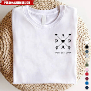 Personalized “PAPA” Arrow Heart Print T‑Shirt - Custom Dad Established Year Gift