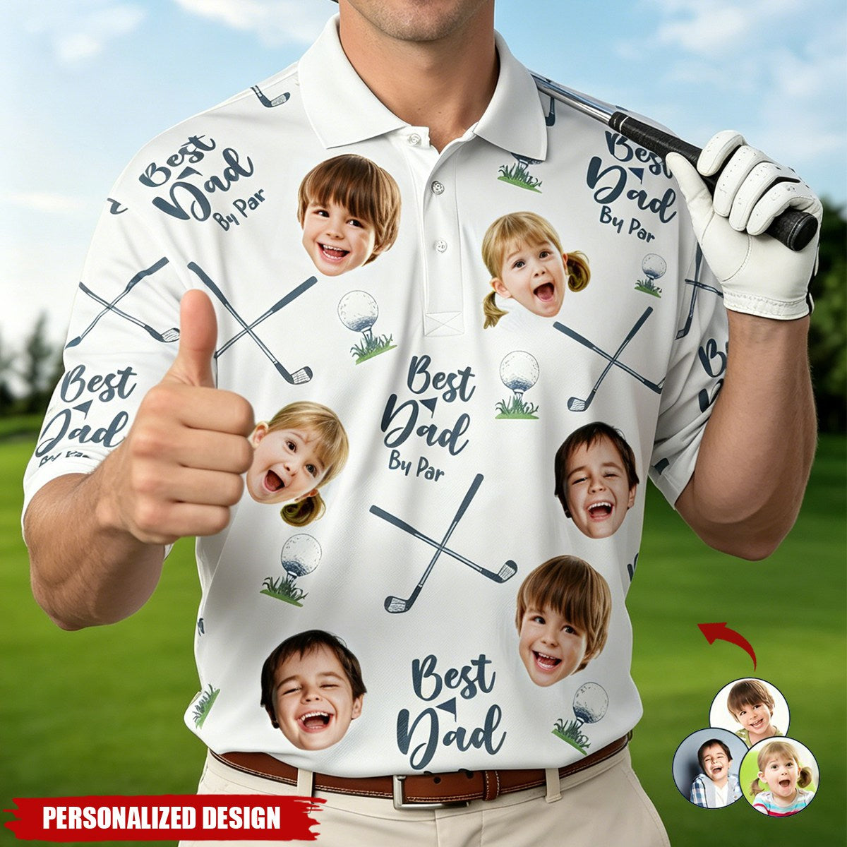 Personalized Kids Faces All‑Over Print Golf Shirt - Father’s Day Gift for Golf‑Loving Dad