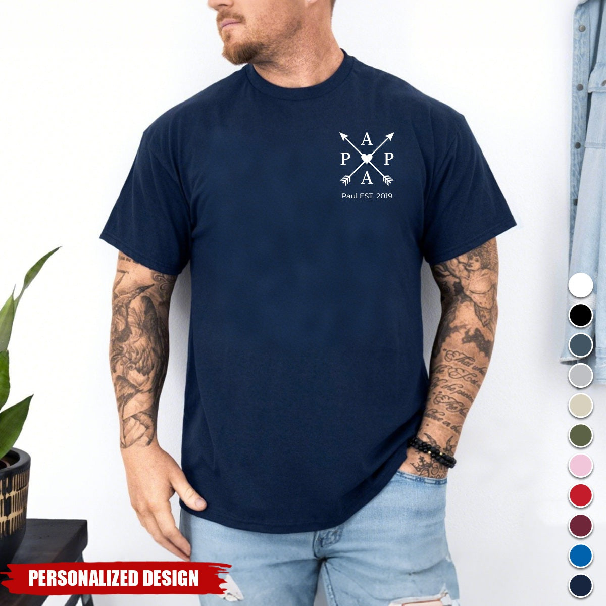 Personalized “PAPA” Arrow Heart Print T‑Shirt - Custom Dad Established Year Gift