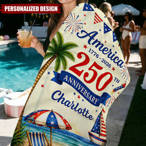Personalized Patriotic 1776-2026 USA Summer Beach Towel - Custom Name