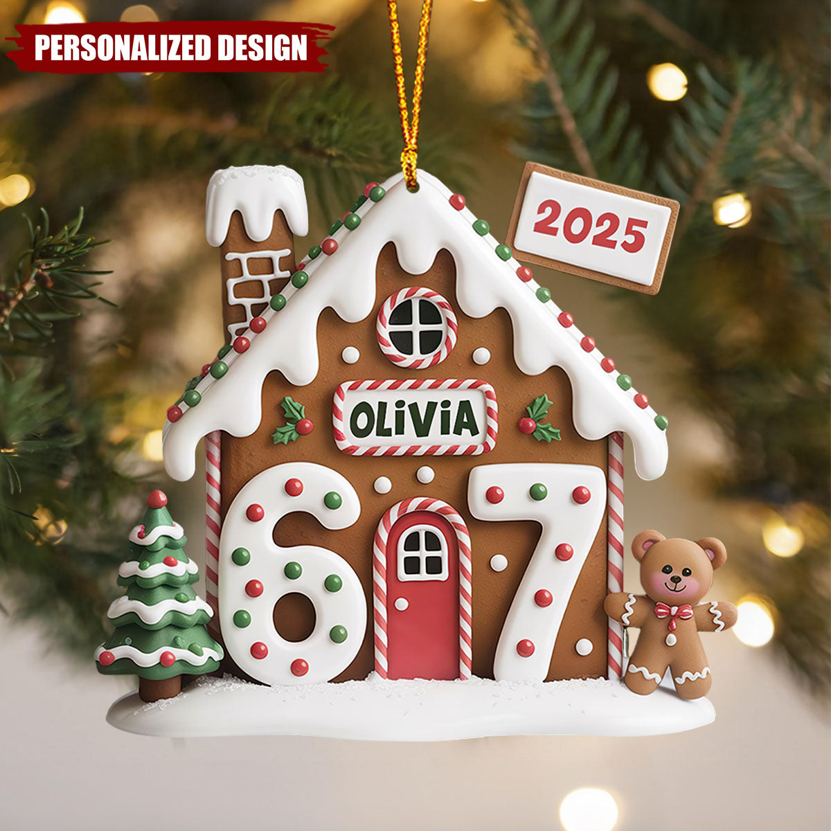 Personalized Gingerbread House Christmas Ornament – Custom Name & Year