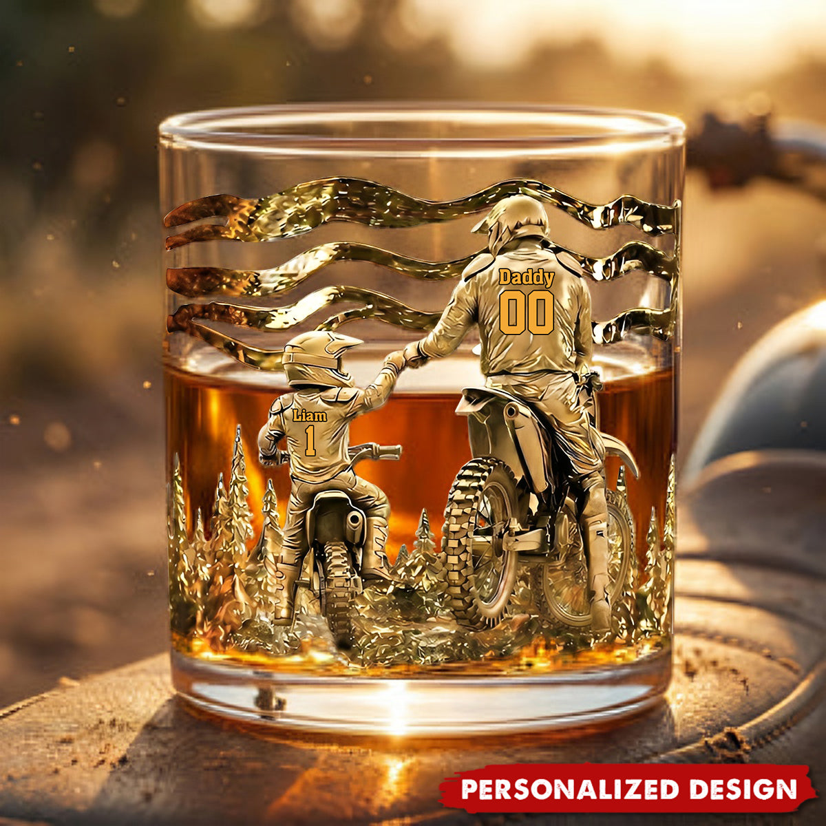 Personalized Dirt Bike Father & Child Whiskey Glass - Custom Names & Numbers