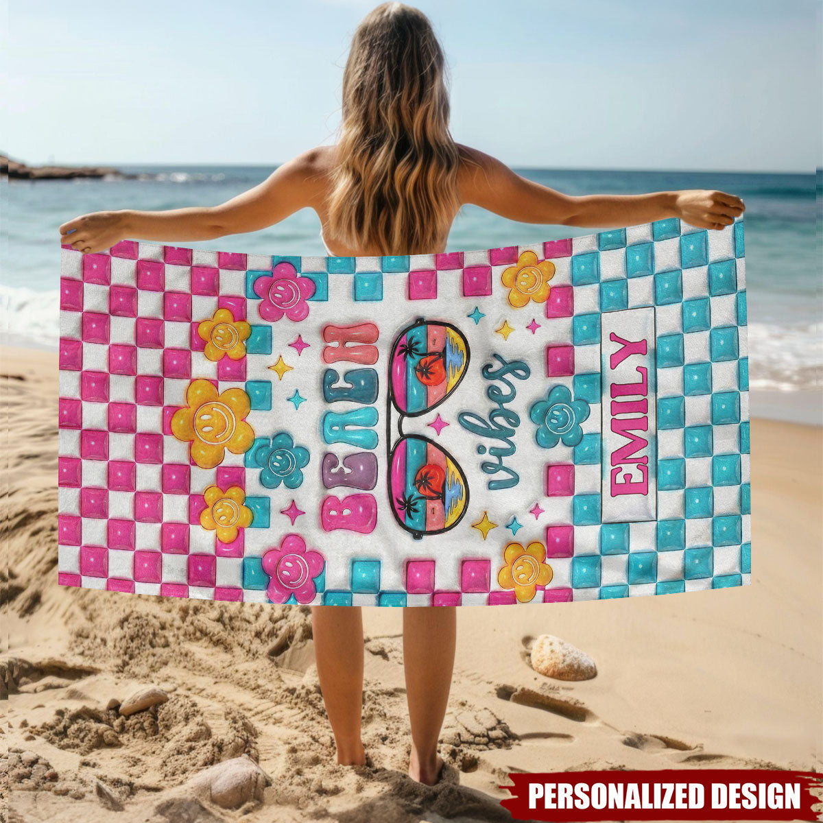 Personalized Beach Vibes Checkerboard Smiley Flower Custom Name Beach Towel