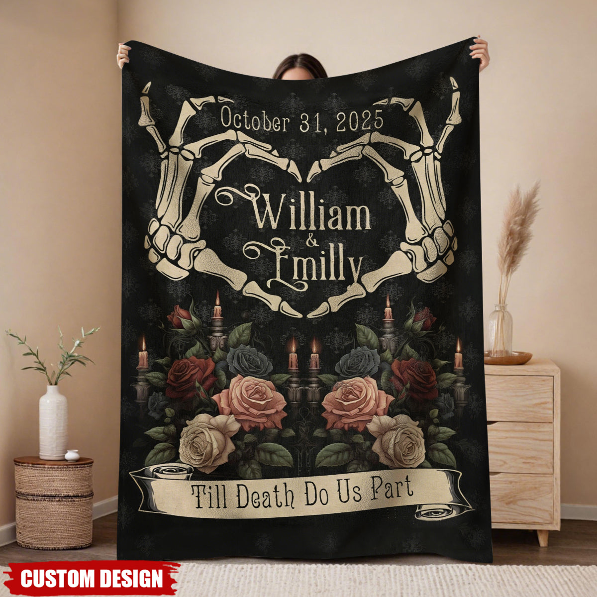 Custom Gothic "Till Death Do Us Part" Skeleton Heart Blanket – Personalized Couple Gift