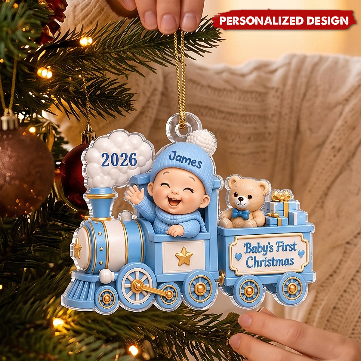 Personalized Baby’s First Christmas Train Acrylic Ornament - Custom Baby Name & Year