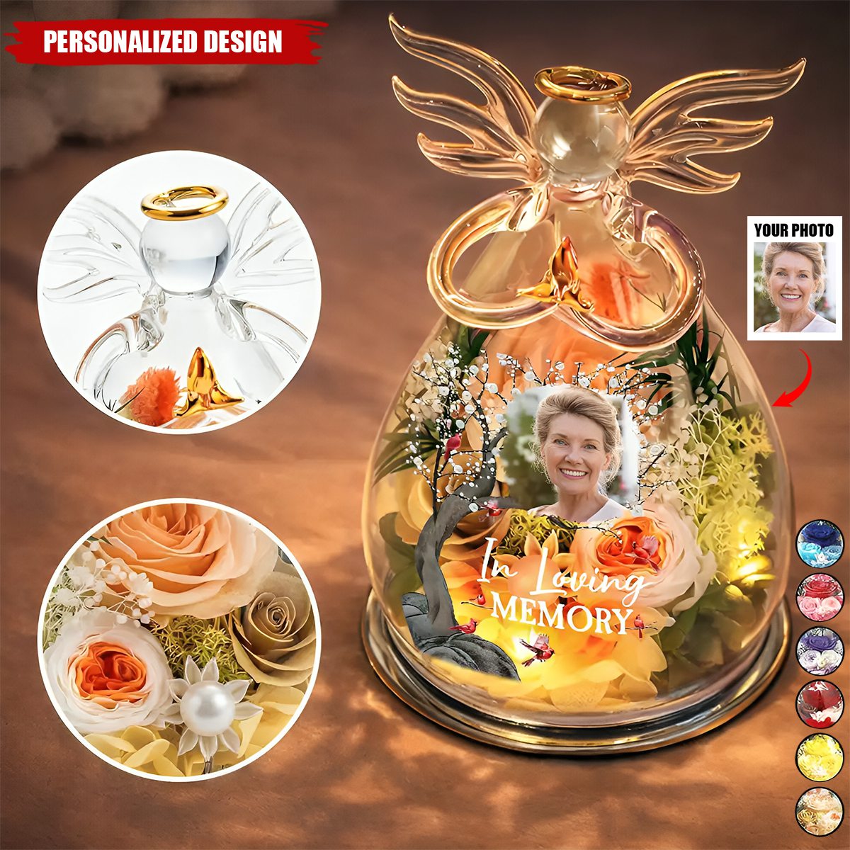 Personalized Flower In Glass Angel Figurine - Custom Photo Memorial Gift