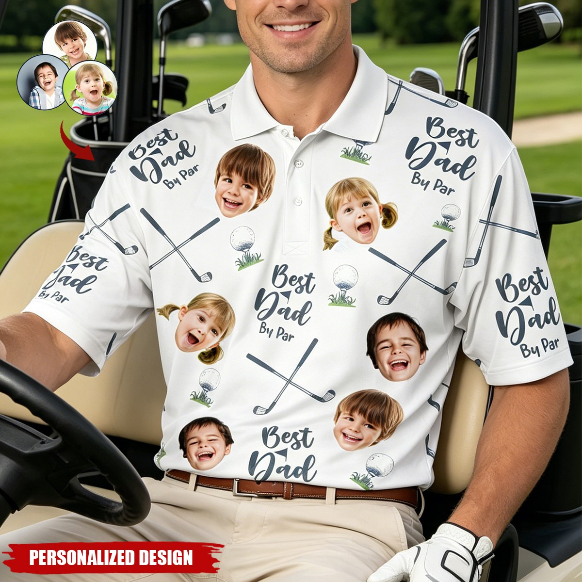 Personalized Kids Faces All‑Over Print Golf Shirt - Father’s Day Gift for Golf‑Loving Dad