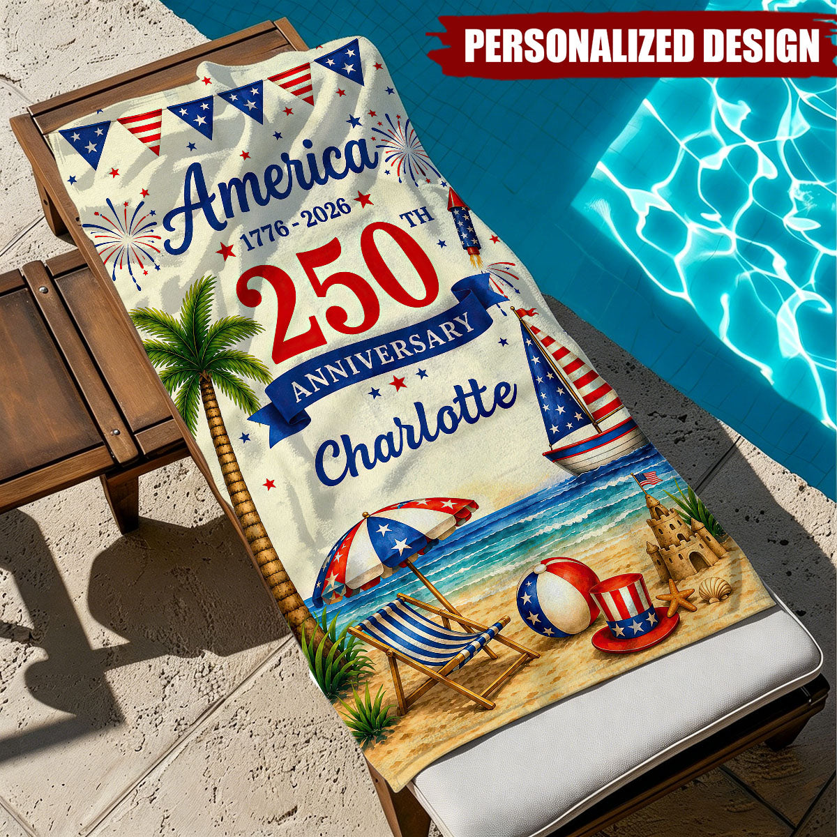 Personalized Patriotic 1776-2026 USA Summer Beach Towel - Custom Name
