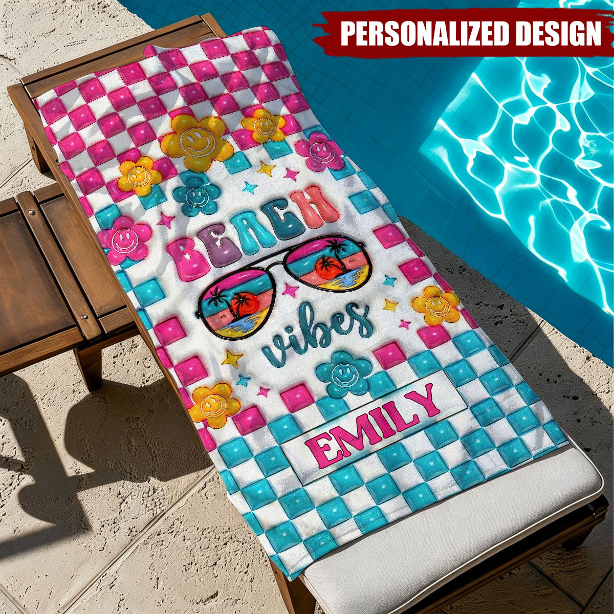 Personalized Beach Vibes Checkerboard Smiley Flower Custom Name Beach Towel