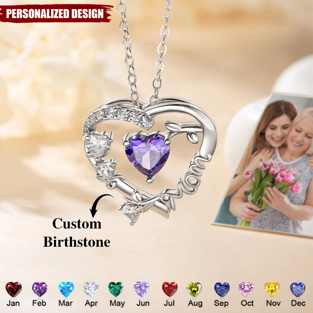 Personalized Heart Birthstone Necklace - Mother‘s Day Gift For Mom, Grandma