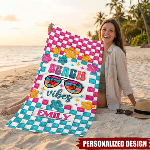 Personalized Beach Vibes Checkerboard Smiley Flower Custom Name Beach Towel