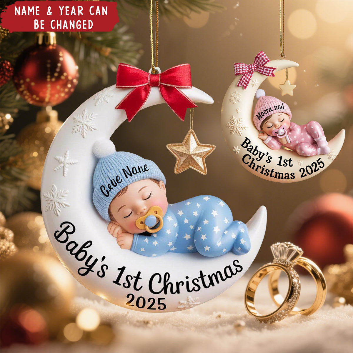 Personalized Baby’s 1st Christmas Moon Ornament – Custom Name & Year