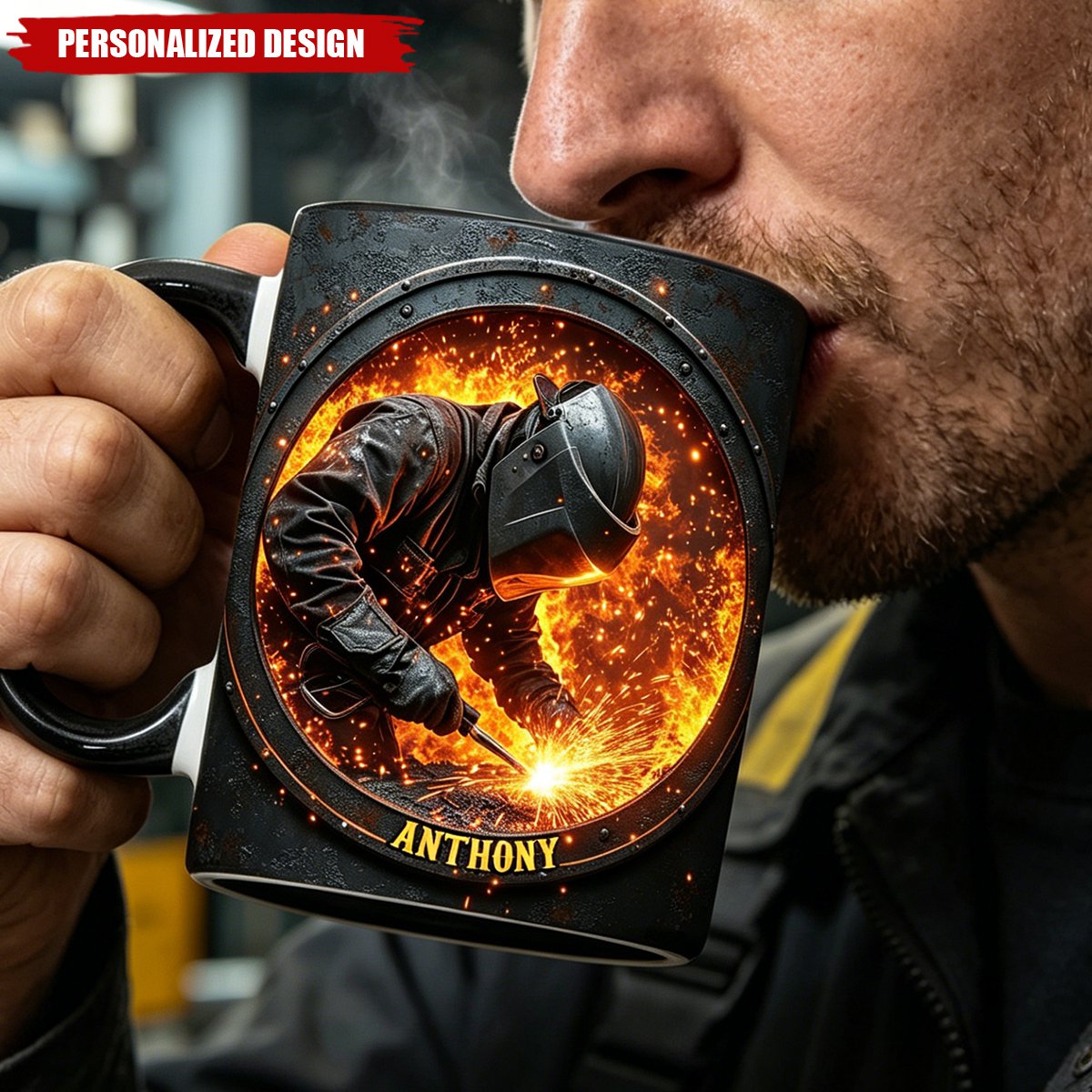 Personalized Welder Coffee Mug - Custom Name Fiery Welding Mug